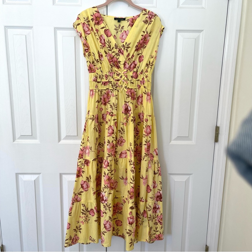 Anthropologie Meadow Rhodes Cotton Poplin Sunny Yellow & Pink Floral Midi Dress